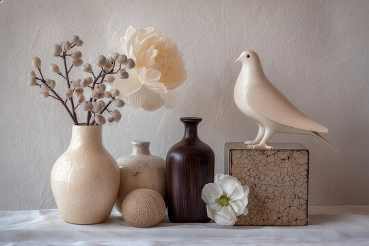 Natura morta pasquale con colomba decorativa, fiori chiari e ceramiche su sfondo neutro