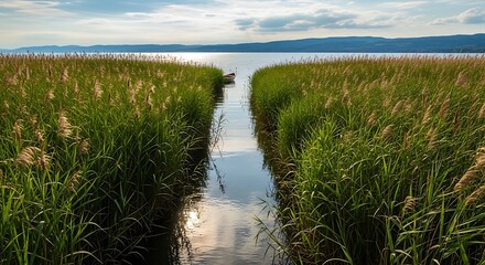 Tall green reeds line a calm lake with a small boat in the distance.