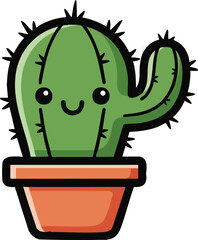 Cute Potted Cactus with Blush and Smiling Eyes, Minimalist Kawaii Plant Illustration