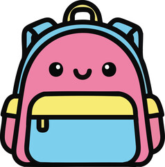 Blue and Pink Backpack with Cute Face and Straps, Kawaii School Bag Design