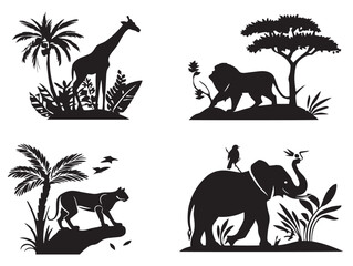 A beautiful set of four simple black jungle silhouette vector icons