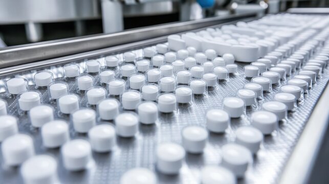 Hundreds of white purification tablets moving along a manufacturing conveyor belt in a pharmaceutical factory - Powered by Adobe