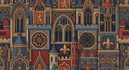 Ornate gothic architecture with heraldic symbols creates a rich pattern.