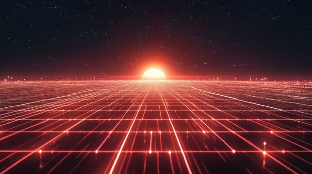 Red grid landscape with rising sun and stars.