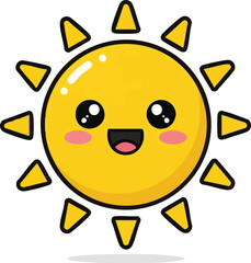 Cheerful Smiling Sun with Bright Rays and Blush in Happy Kawaii Style