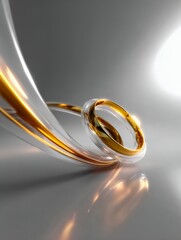 Gold and silver ring is shown in a reflection on a white surface. The ring is surrounded by a curved line