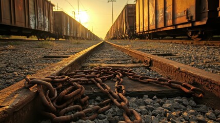 Rusty metal chains lie on a railroad track with freight trains on either side during a golden sunset