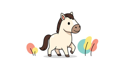 Fototapeta premium Cute cartoon pony or horse walking in a simple, whimsical landscape with abstract colorful trees, illustrated in a doodle style.
