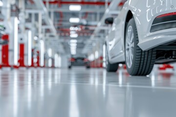Inside a car workshop, a shiny epoxy floor reflects ambient light while a lifted sedan is visible. The clean, organized space indicates a professional environment for automotive service