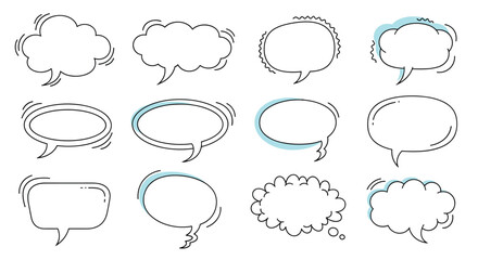 Fototapeta premium Collection of hand-drawn comic speech bubbles in various shapes with dynamic line effects to indicate sound or emphasis.