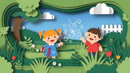 Obraz premium Children Playing with Bubbles in Garden on Sunny Day