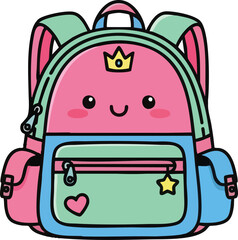 Pink School Backpack with Crown and Heart Design, Kawaii Kids Accessory Illustration
