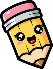 Smiling Pencil with Cute Eraser Hat and Blush in Kawaii Stationery Set