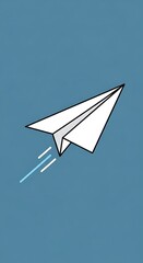 White paper airplane soars across blue sky with motion lines.