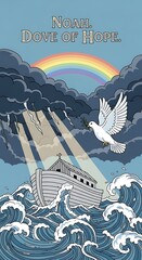 A dove with an olive branch flies towards a boat amidst stormy seas and a rainbow.