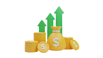 Money bag with coins and rising green arrows on transparent background