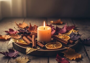 Burning candle with cinnamon sticks and dried orange slices.