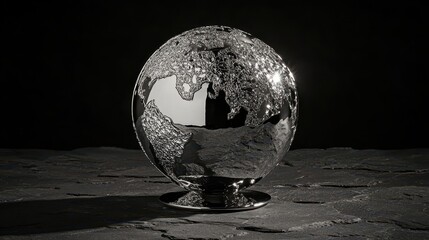 A highly polished silver globe intricately detailed with continents stands on a dark surface