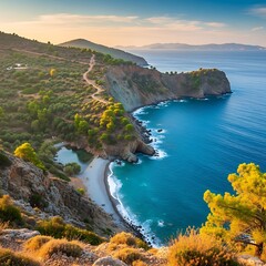 Remote cove with a sandy beach and turquoise sea meets rugged cliffs.