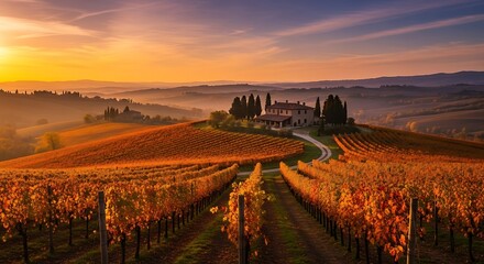 Golden sunset bathes rolling vineyard hills and a stone villa.