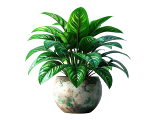 Lush green plant with striped leaves in a textured, aged pot