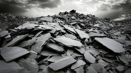 A large pile of loose grey slate shards and fragments forming a desolate textured landscape under a dramatic cloudy sky