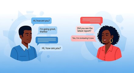 Two people converse digitally, exchanging messages about work and well-being.