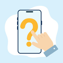 A simple and modern illustration centered on a prominent question mark combined with a phone receiver. The main theme is uncertainty, inquiry, and the search for answers. The image symbolizes question