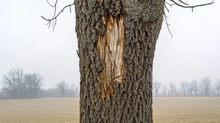 A weathered and gnarled tree trunk with peeling bark stands outdoors in a muted natural setting
