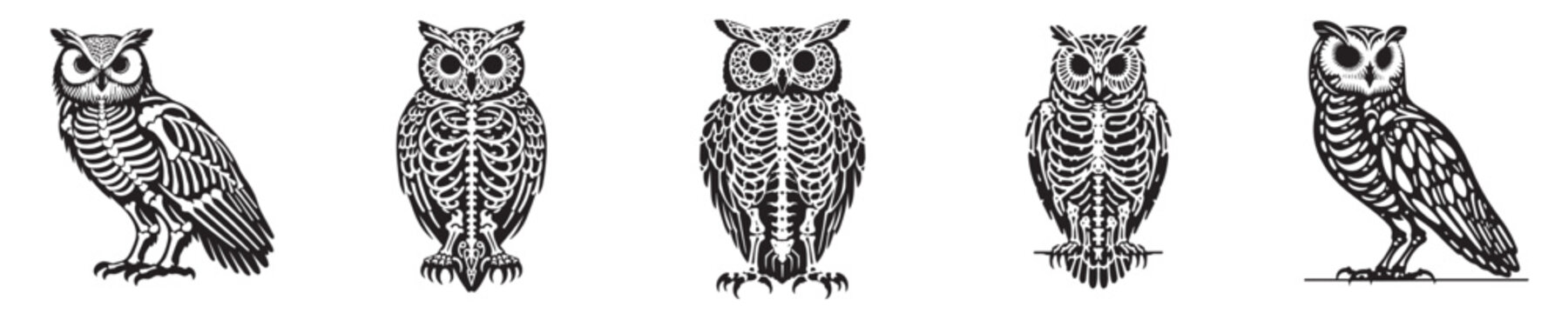 vector set of owl skeleton bones silhouettes