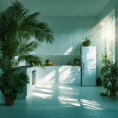 Kitchen with a white refrigerator and a large potted plant. The kitchen is bright and sunny