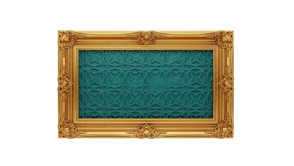 Ornate Gold Picture Frame with Teal Geometric Pattern on transparent background