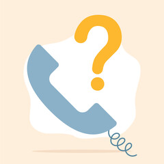 A simple and modern illustration centered on a prominent question mark combined with a phone receiver. The main theme is uncertainty, inquiry, and the search for answers. The image symbolizes question