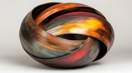 Abstract sculpted metal sphere composed of interlocking bands with vibrant warm and cool color gradients