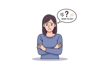 Woman ponders dilemma with arms crossed, expressing confusion.