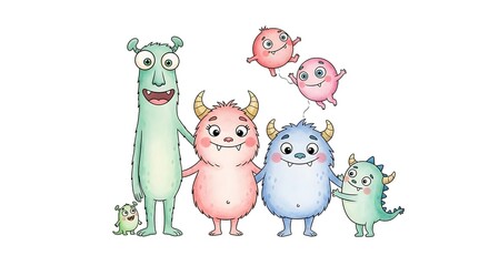 Whimsical family of diverse, colorful monsters poses together happily.
