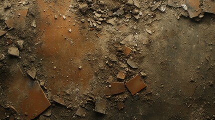 Broken terracotta floor tiles lie scattered as debris on the dusty ground