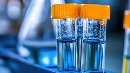 Close up of clear glass vials with orange caps containing blue liquid and tiny bubbles in a laboratory setting during scientific analysis and testing