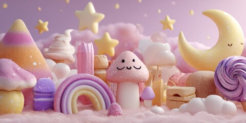 Obraz premium Whimsical 3D Illustration of Playful Clay Elements with Stars and Clouds