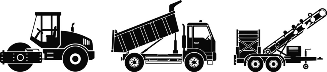 Set of heavy construction vehicles including road roller, dump truck, and conveyor truck for industrial and construction use © Asik