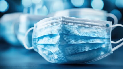 Close up of disposable blue medical face masks stacked for health protection and hygiene
