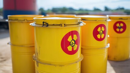 Collection of bright yellow biohazard disposal drums with prominent red and yellow hazard symbols arranged outdoors in a row