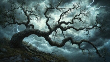 Gnarled leafless tree branches clawing at a stormy sky