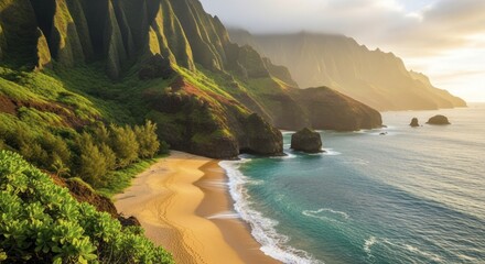 Dramatic coastal scene features towering verdant cliffs meeting golden sand and turquoise ocean waves at sunrise