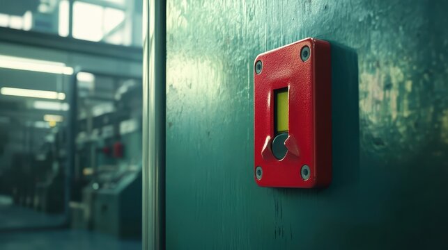 Red emergency power switch prominently positioned on a dark industrial panel - Powered by Adobe
