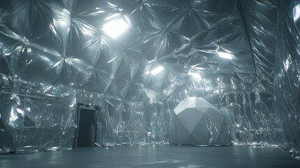 Interior of a futuristic geometric dome structure with reflective metallic walls and ceiling illuminated by bright lights