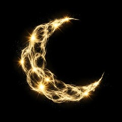 Naklejka premium Abstract crescent moon made of golden light particles, black background, copy space.