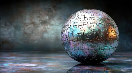 Shiny metallic puzzle sphere with intricate interlocking pieces