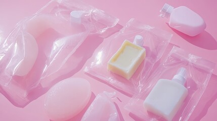 Soft pink sanitation kits with soap and hygiene products on a pastel background