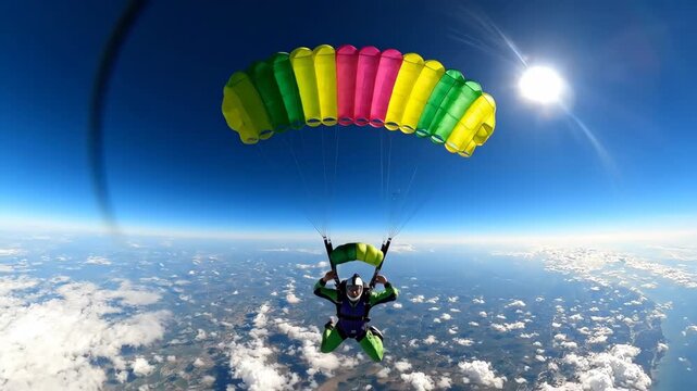 Thrilling Skydive - A Breathtaking Descent from the Stratosphere with Colorful Parachute.